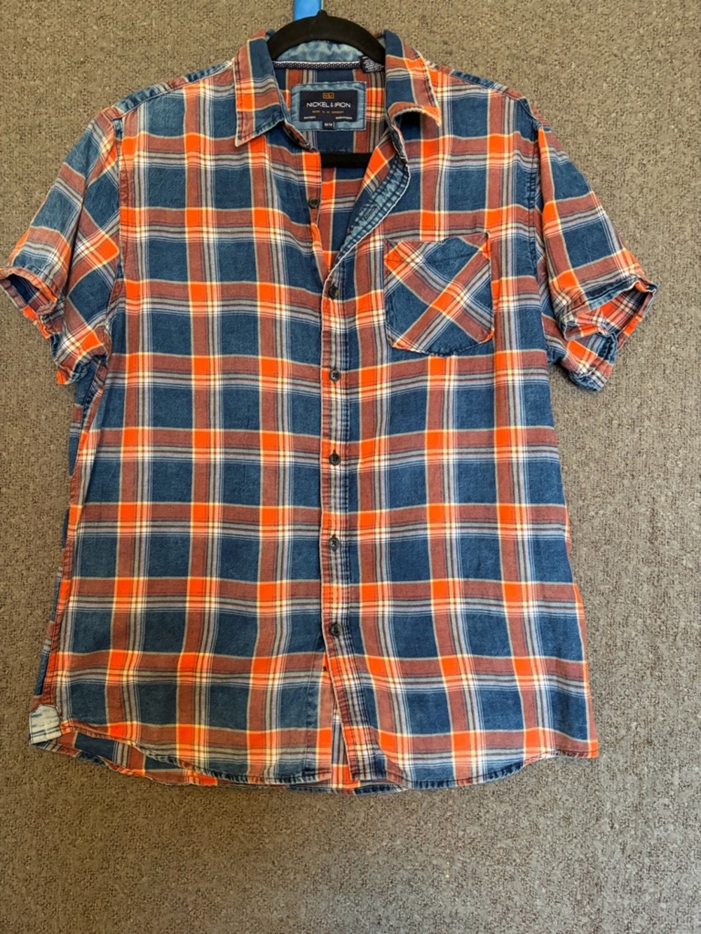 Orange and Blue Plaid Short-Sleeve Button-Up Shirt